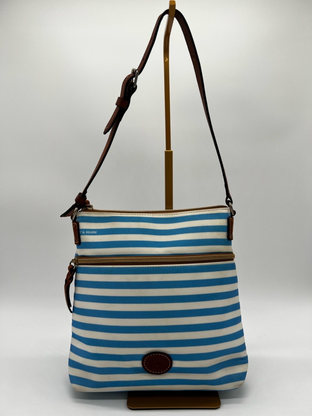 Dooney & Bourke Blue and White Striped Shoulder Bag with Brown Trim